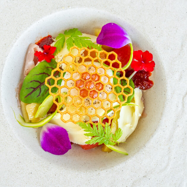 A decorative food dish features a honeycomb-shaped garnish, with assorted colorful edible flowers, greens, and other ingredients arranged artfully in a white bowl.