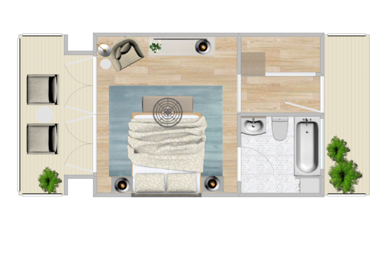 Top-down view of a bedroom layout featuring a bed, two nightstands, a chair, a plant, a cupboard, a balcony with seating area, and an attached bathroom with a sink, toilet, and bathtub.