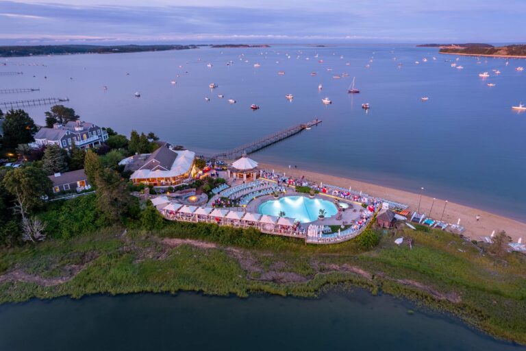 Aerial view of resort and ocean.