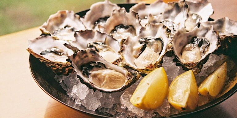 A plate of opened oysters on ice with lemon wedges.