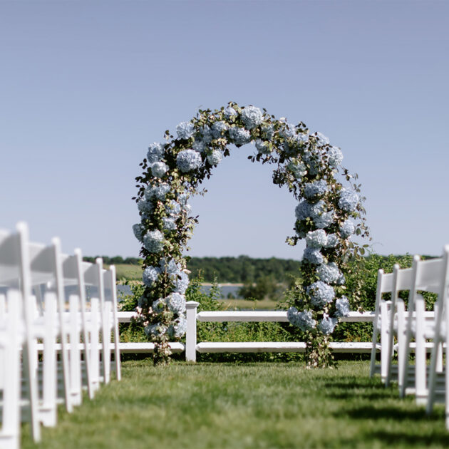 Hydrangaes in an arch down an aisle.