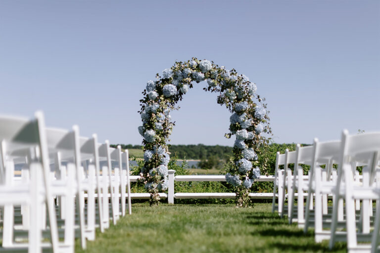 Hydrangaes in an arch down an aisle.