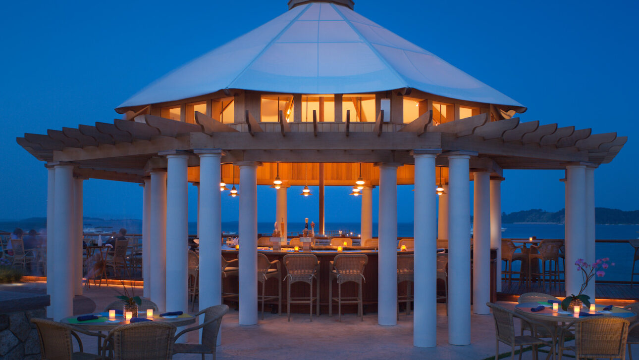Gazebo at night with lights.