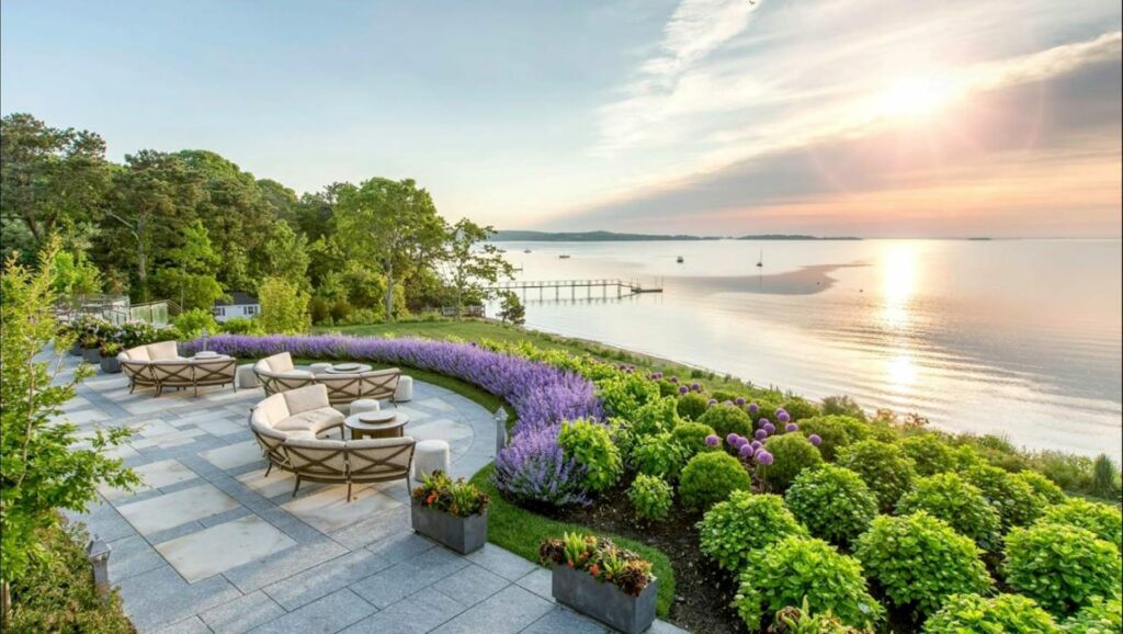An outdoor patio at sunset.